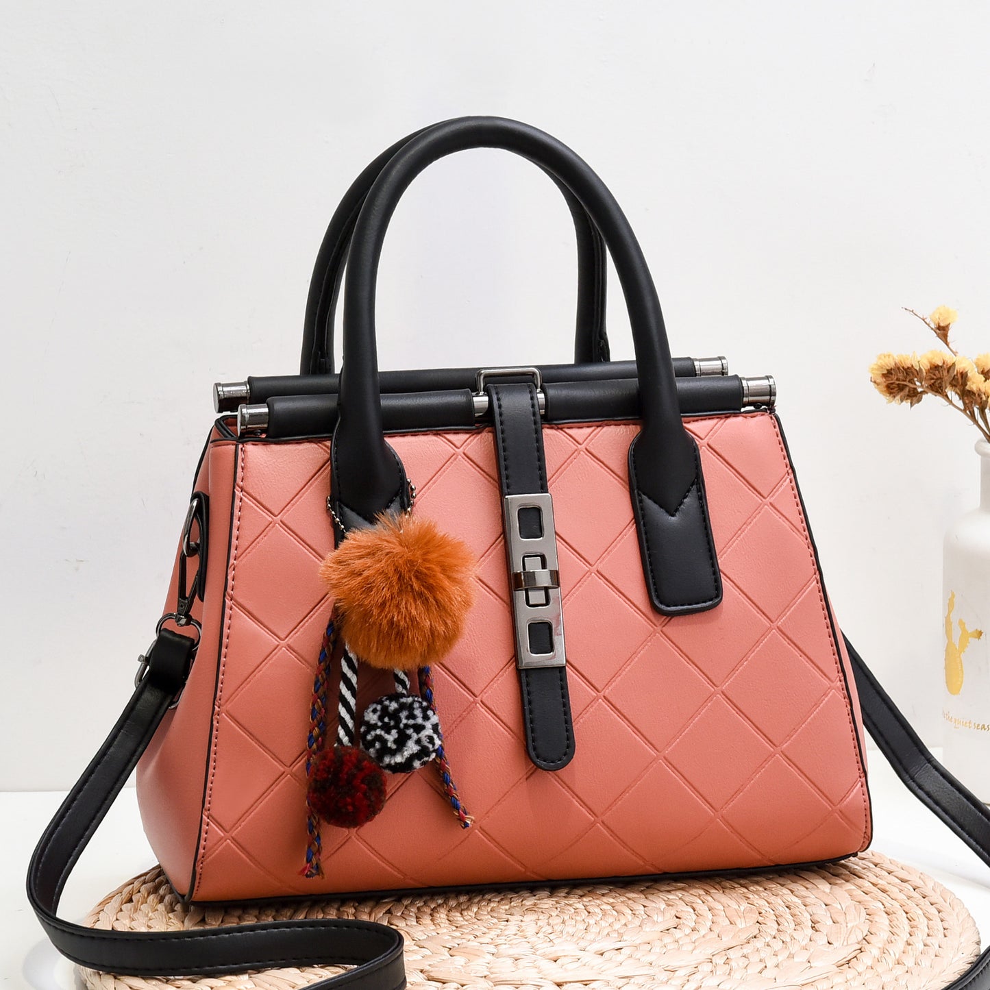 New cross-border trend 2026 fashionable fashiontrendysatchel bag fur ball decoration large capacity embossed cross-body women's bag
