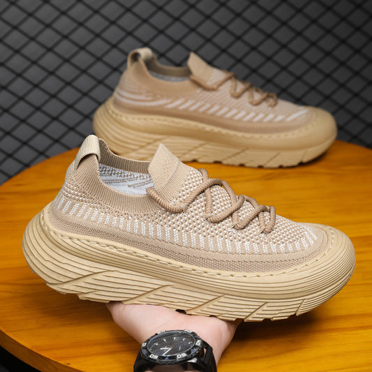 Men's summer breathable mesh flyknit sneakers fashion thick sole height increasing casual shoes low-top closed-toe sock shoes trendy footwear