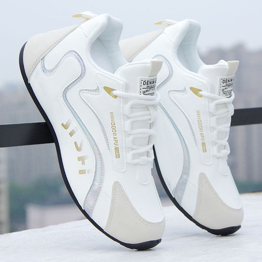 Cross-border men's leather waterproof sneakers, korean style trendy comfortable white shoes, hidden wedge soft sole casual shoes for men