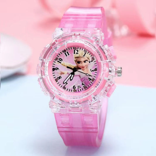 In-stock, kids' light-up watch featuring princess su and princess sha, with colorful flashing lights – the perfect gift for girls!
