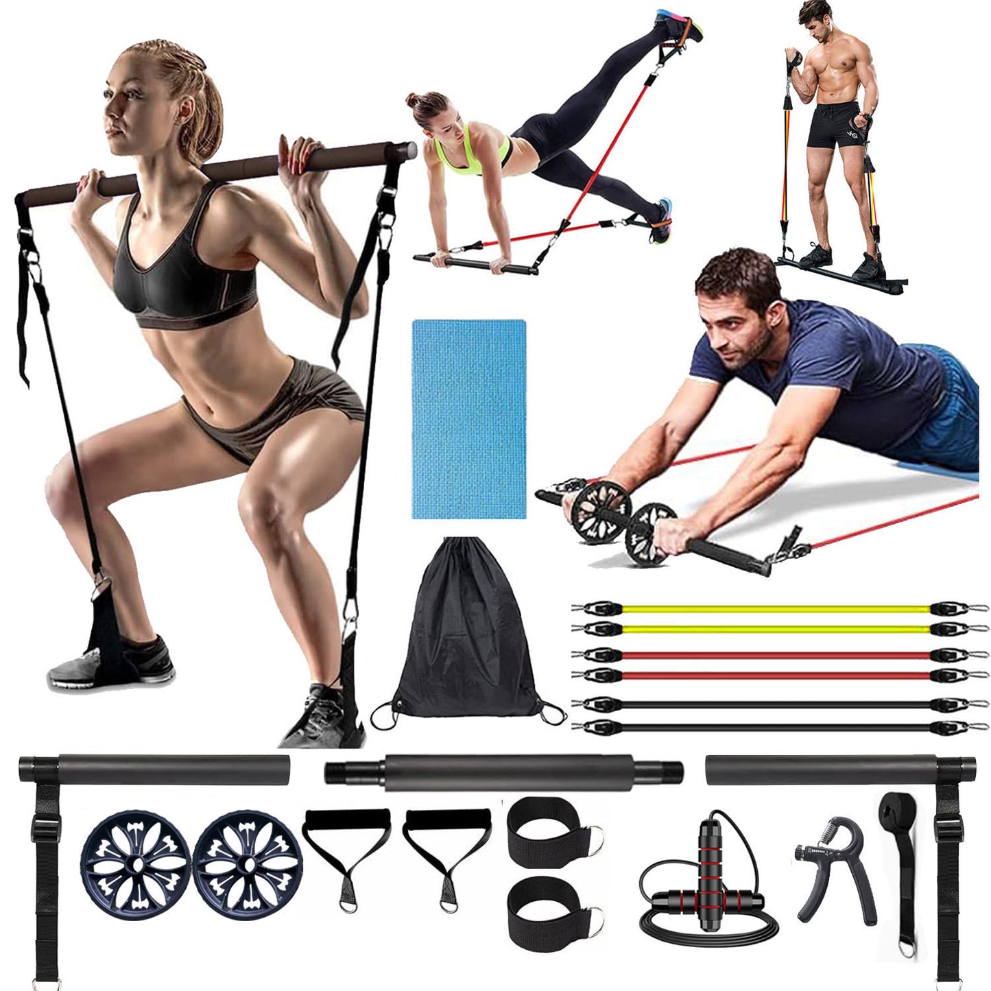 Multi-functional pilates stick - home use, unisex, strength training, body sculpting, arm & leg slimming resistance band fitness set