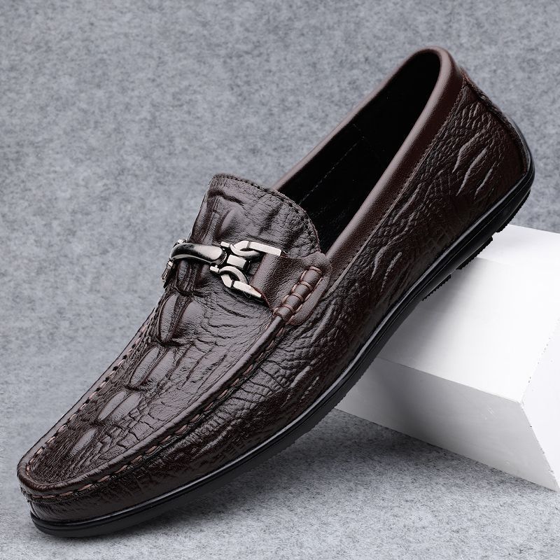 Men's flat casual shoes summer crocodile pattern slip-on loafers lightweight soft sole british leather shoes cross-border