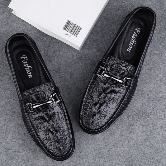 Men's flat casual shoes summer crocodile pattern slip-on loafers lightweight soft sole british leather shoes cross-border