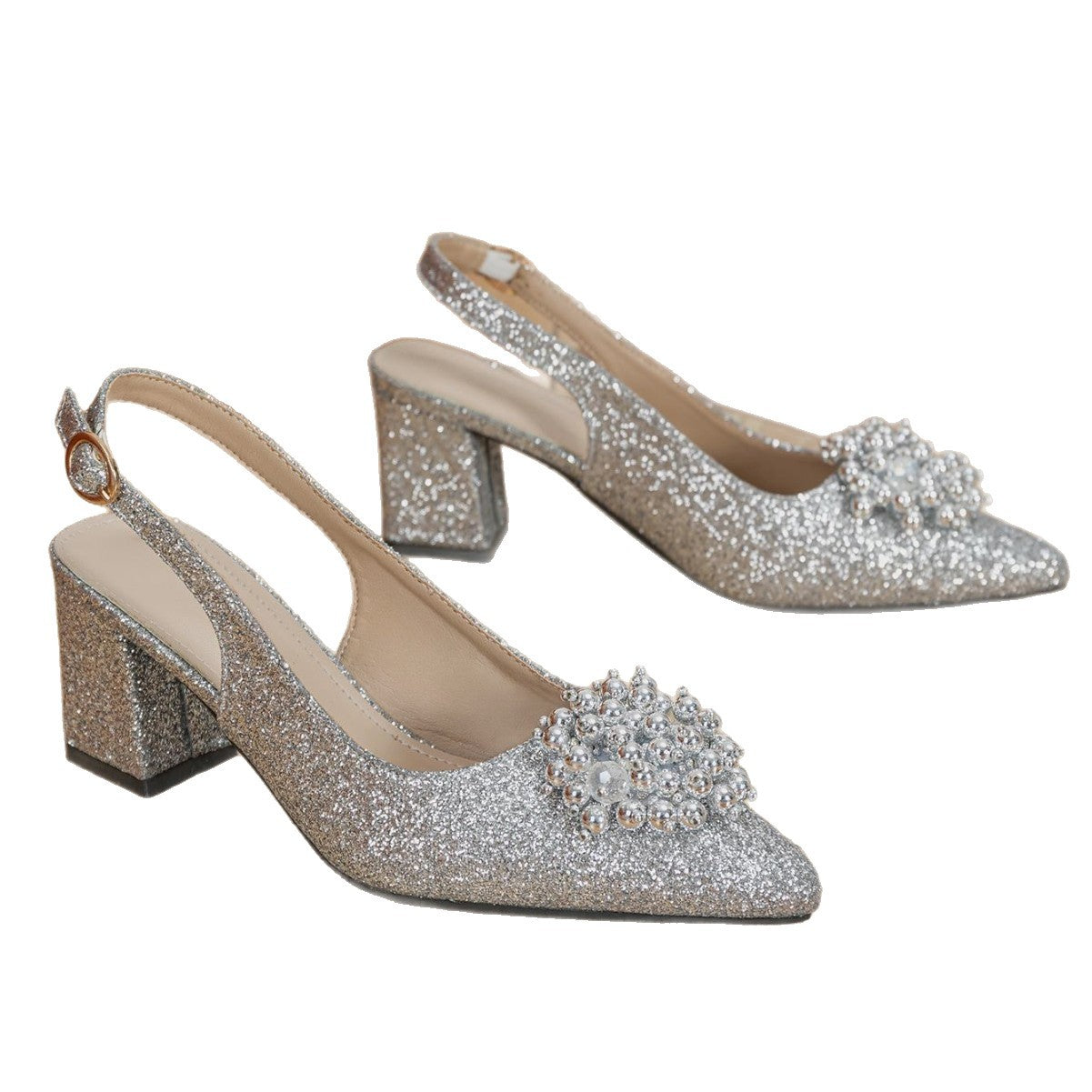 New European and American women's Glitter pearl flower head pointed thick heel sandals autumn shoes silver high heels