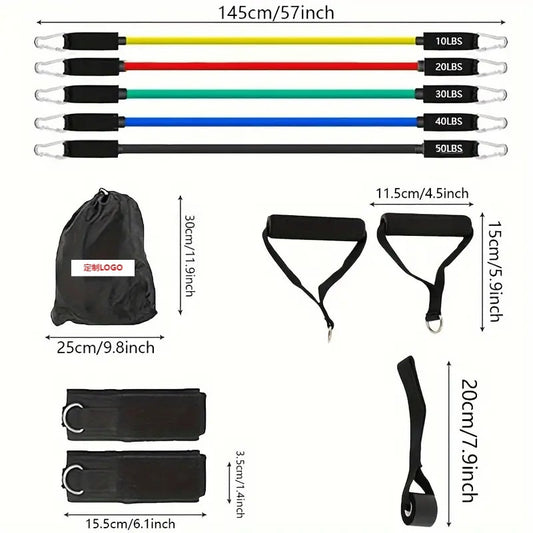 Cross-border exclusive 11-piece resistance band set, 150lb elastic rope fitness kit, indoor fitness multi-functional tensioner