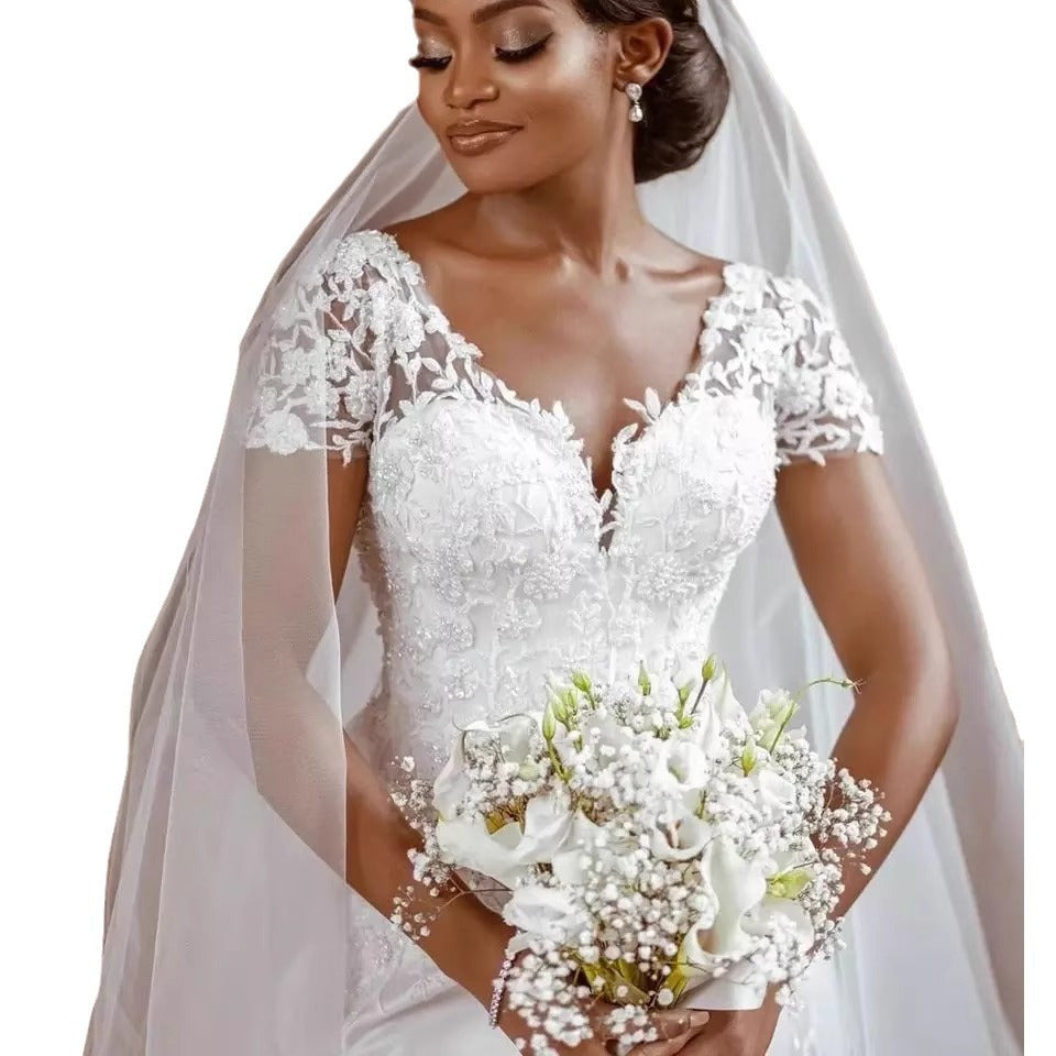 European and american train wedding dress bridal wedding mermaid waist wedding dress high-end outdoor church wedding dress