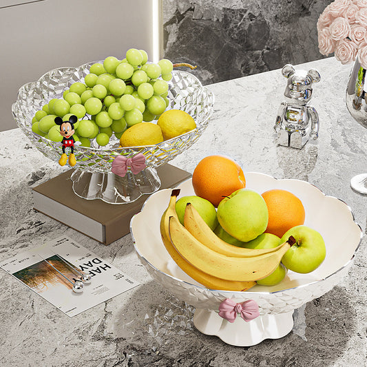 Luxury fruit platter with drain basket - high-end design for living room coffee table, featuring a beautiful bow accent for dried fruit and candy display