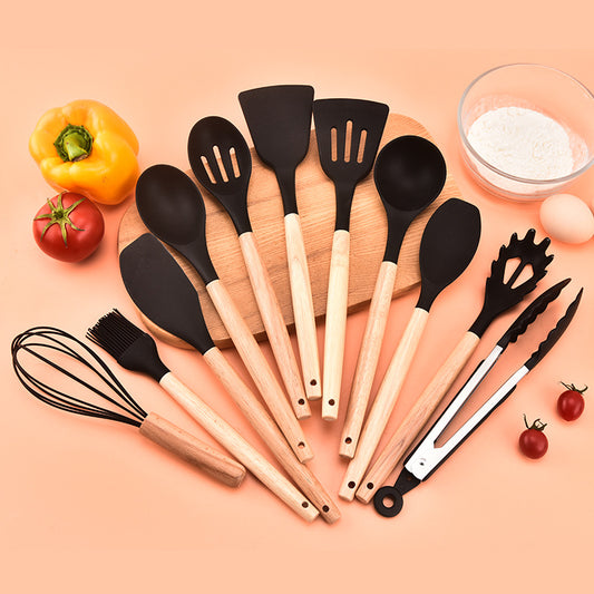 12-piece silicone cooking utensil set with wooden handles - non-stick pots, spatulas, spoons, and high-temperature resistant silicone kitchen tools