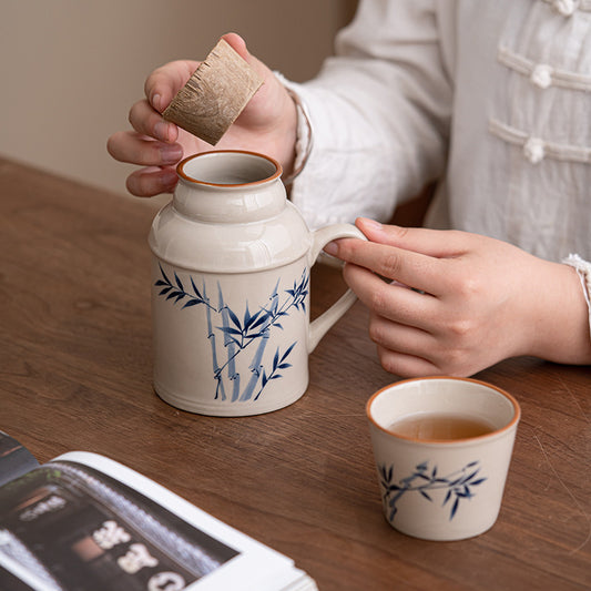 Ru kiln small thermos mug with lid, ceramic stewing tea cup, chinoiserie large capacity thermos, office cup with handle