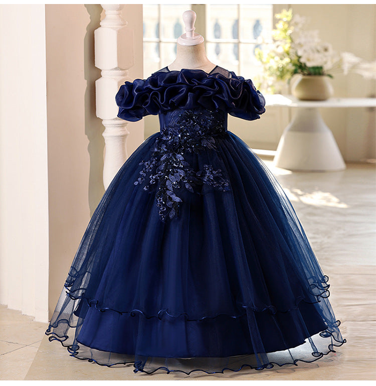 Children's one-shoulder tulle princess dress - perfect for weddings, banquets, piano recitals, and parties