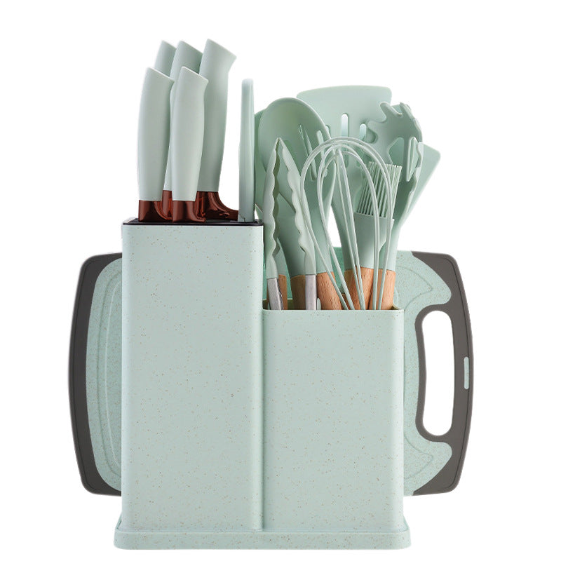 Silicone kitchenware 19-piece set, non-stick pan, silicone spatula, spoon, kitchen utensils, knife suit with storage bucket