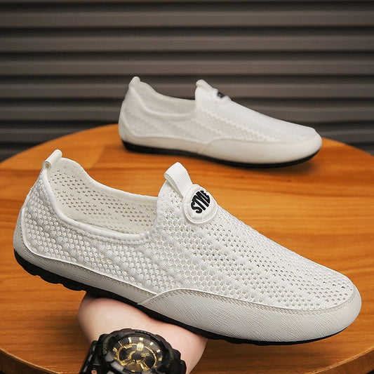 Breathable hollow men's shoes 2025 slip-on lightweight casual shoes mesh men's fly knitting trendy shoes driving doudou shoes