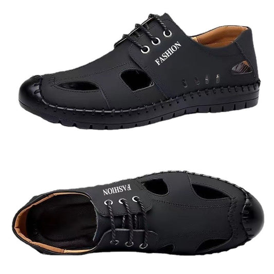 Men's summer sandals: soft sole, soft upper, beach shoes, casual breathable driving shoes, anti-slip leather round toe shoes for men (cross-border)