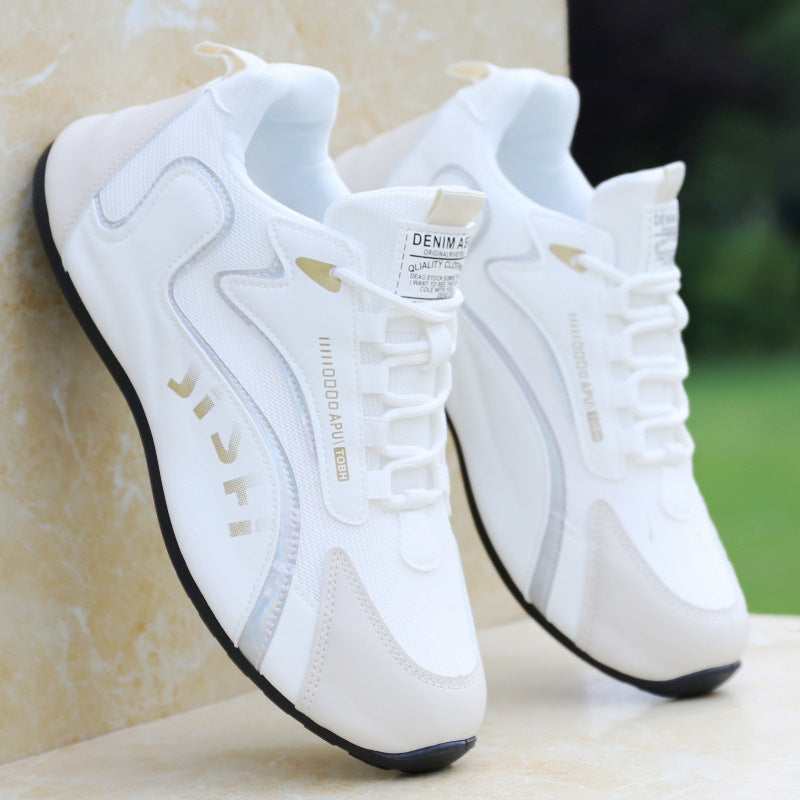 Cross-border men's leather waterproof sneakers, korean style trendy comfortable white shoes, hidden wedge soft sole casual shoes for men
