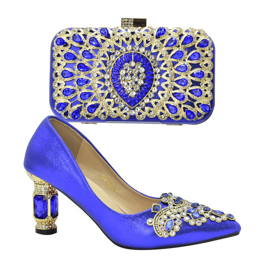 Diamond-encrusted thick-heeled sandals with dinner bag set Italian fashion design rhinestone evening bag set
