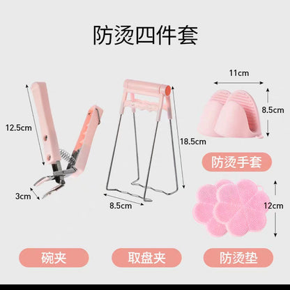 Stainless steel anti-scalding bowl clip, high temperature resistant and non-slip dish clip, kitchen microwave oven silicone gloves set