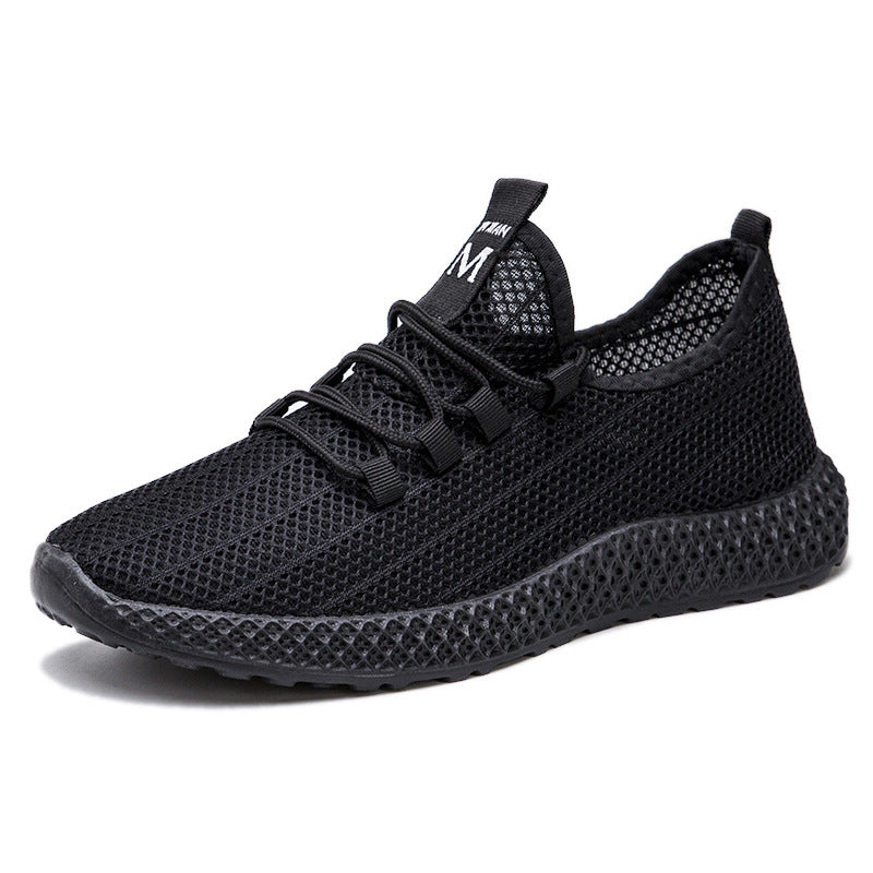 Summer korean style trendy men's shoes hollow mesh breathable men's sneakers soft sole non-slip black shoes men's cross-border