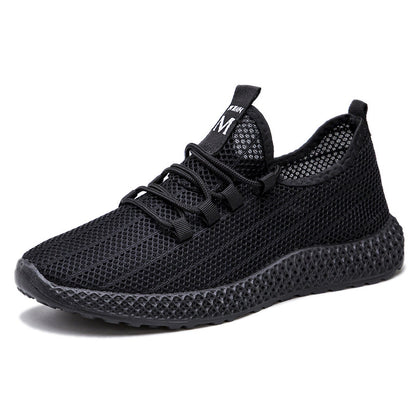 Summer korean style trendy men's shoes hollow mesh breathable men's sneakers soft sole non-slip black shoes men's cross-border