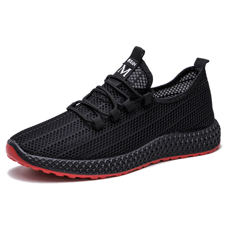 Summer korean style trendy men's shoes hollow mesh breathable men's sneakers soft sole non-slip black shoes men's cross-border