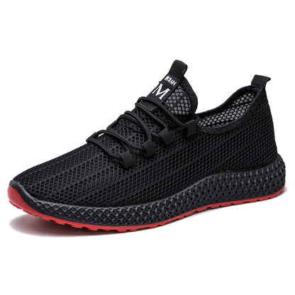 Summer korean style trendy men's shoes hollow mesh breathable men's sneakers soft sole non-slip black shoes men's cross-border