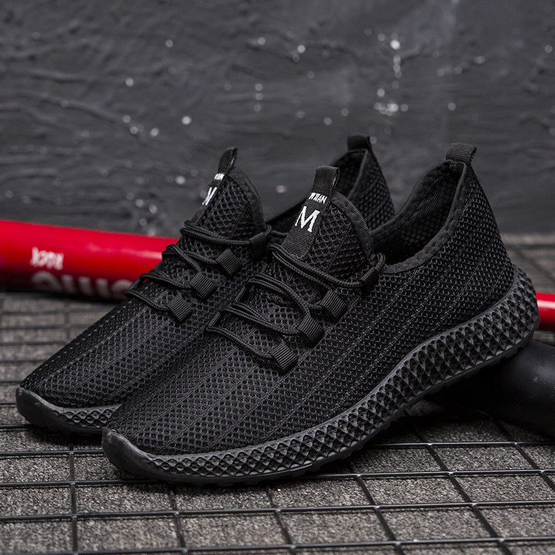 Summer korean style trendy men's shoes hollow mesh breathable men's sneakers soft sole non-slip black shoes men's cross-border