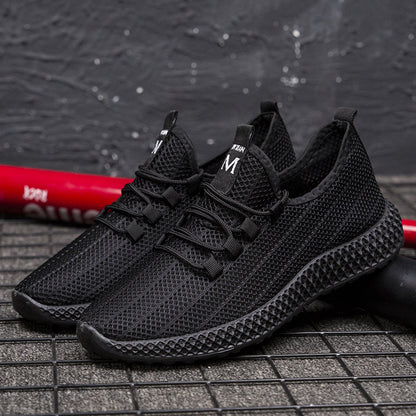 Summer korean style trendy men's shoes hollow mesh breathable men's sneakers soft sole non-slip black shoes men's cross-border