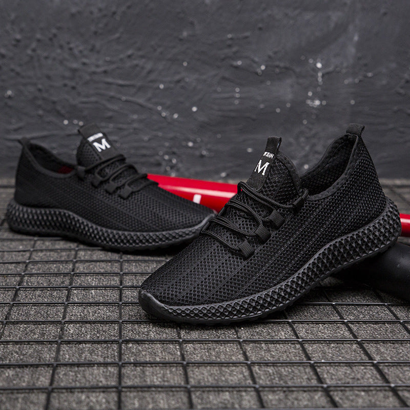 Summer korean style trendy men's shoes hollow mesh breathable men's sneakers soft sole non-slip black shoes men's cross-border