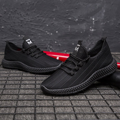 Summer korean style trendy men's shoes hollow mesh breathable men's sneakers soft sole non-slip black shoes men's cross-border