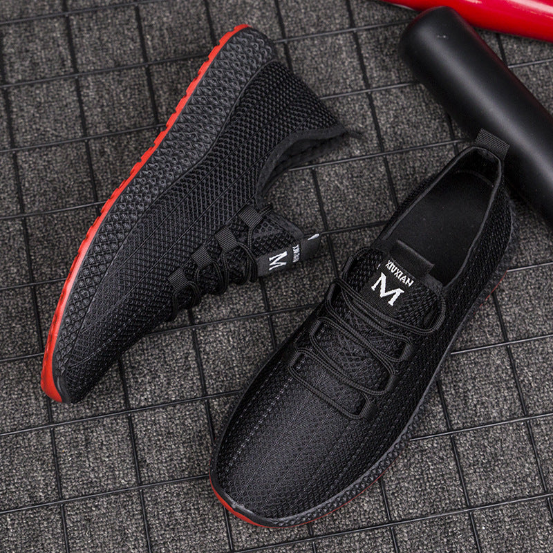 Summer korean style trendy men's shoes hollow mesh breathable men's sneakers soft sole non-slip black shoes men's cross-border