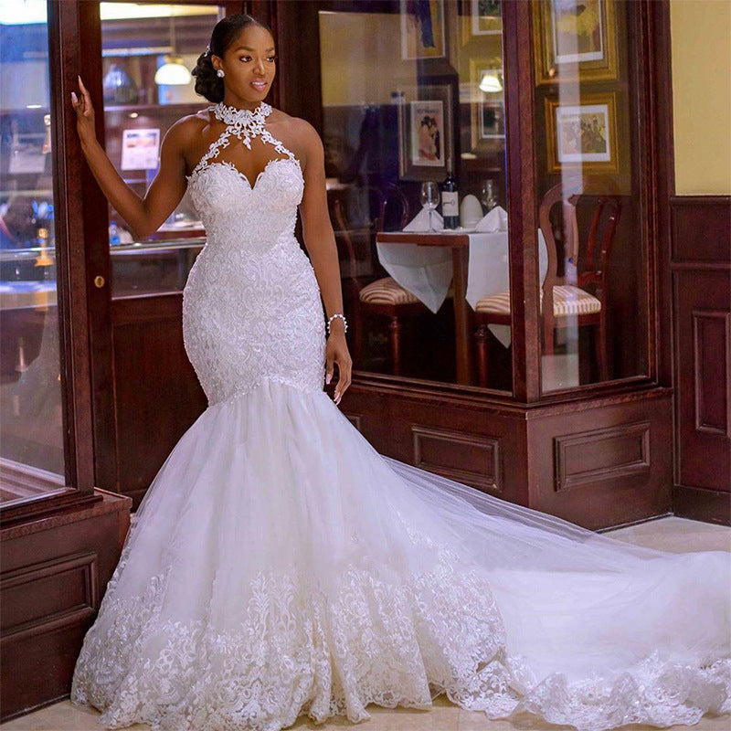 Mermaid sexy light wedding dress sleeveless v neck suspenders main wedding dress white lace waist backless plus size wedding dress