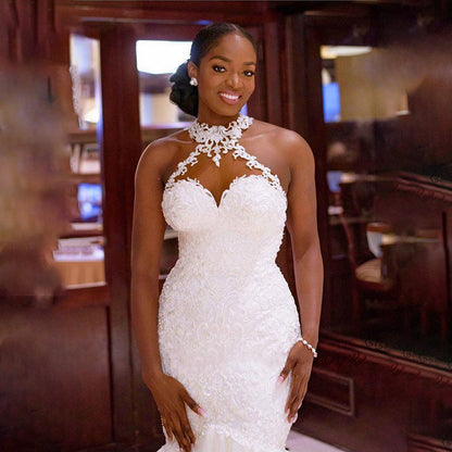 Mermaid sexy light wedding dress sleeveless v neck suspenders main wedding dress white lace waist backless plus size wedding dress