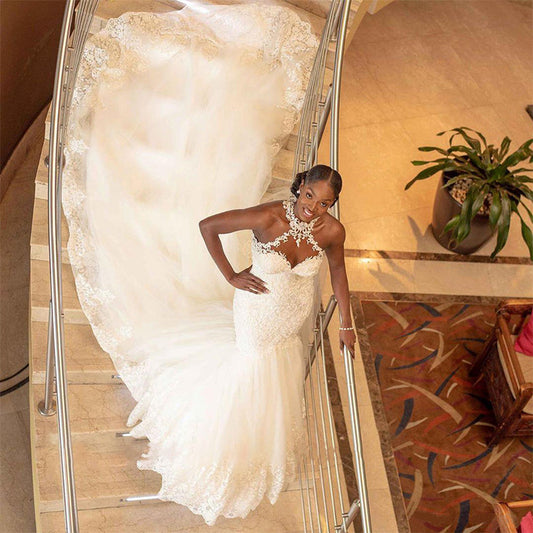 Mermaid sexy light wedding dress sleeveless v neck suspenders main wedding dress white lace waist backless plus size wedding dress