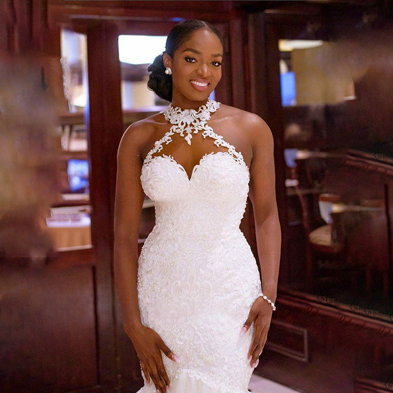 Mermaid sexy light wedding dress sleeveless v neck suspenders main wedding dress white lace waist backless plus size wedding dress