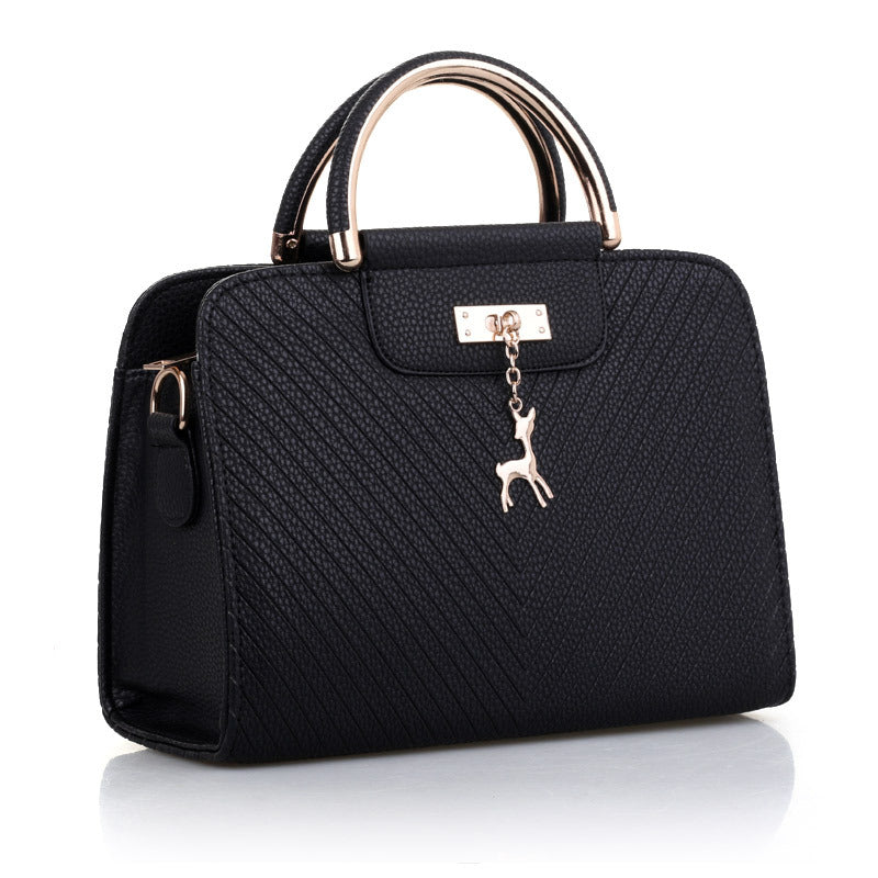 2026 spring elegant women's handbag with wavy texture, deer charm, cute shoulder bag, fashionable preppy style crossbody bag