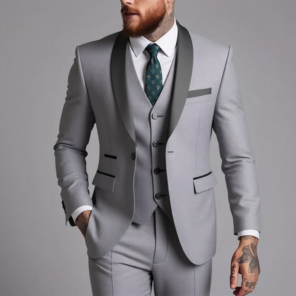 Suit Men's Suit Three-piece Set Green Fruit Collar Groom's Wedding Suit Men's Slim Burgundy Best Man's Wedding Dress