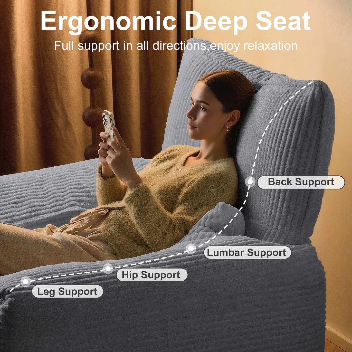 Space-saving, deep gray corduroy bean bag sofa bed – recline and sleep, perfect for any living space