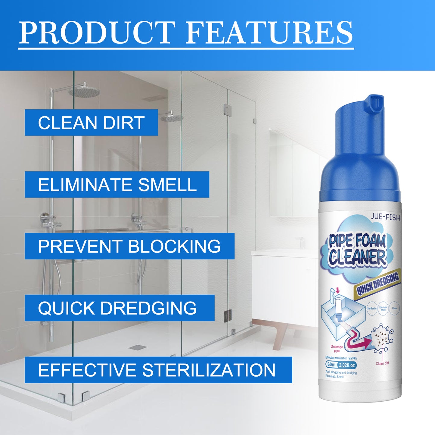Jue-Fish pipe foam cleaner, household pipe pool sewer deodorant and odor remover cleaner