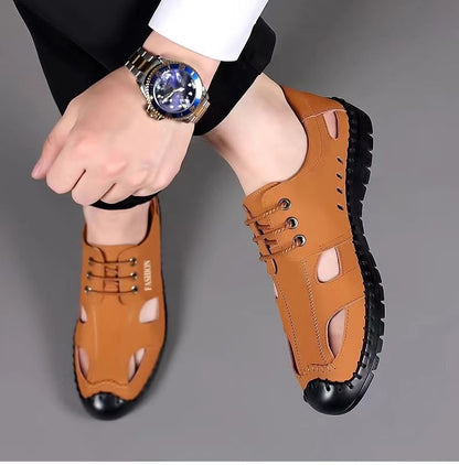 Men's summer sandals: soft sole, soft upper, beach shoes, casual breathable driving shoes, anti-slip leather round toe shoes for men (cross-border)