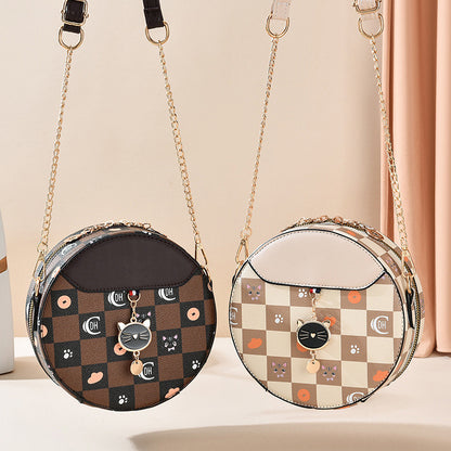 2026 new trendy fashion shoulder chain commuter small round bag printed plaid tiktok influencer girl's small round bag