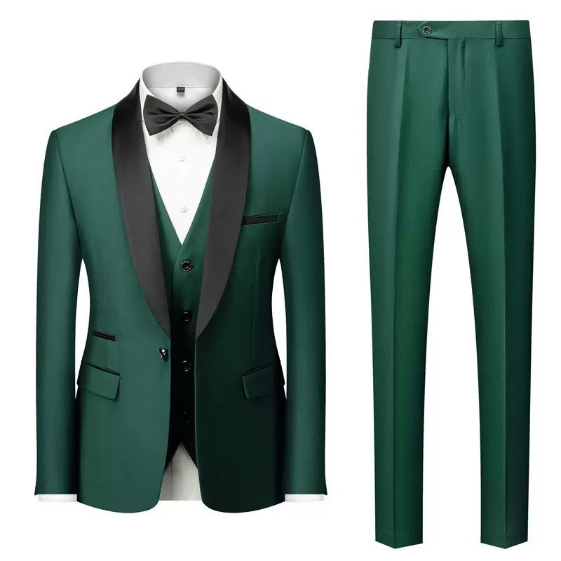 Suit Men's Suit Three-piece Set Green Fruit Collar Groom's Wedding Suit Men's Slim Burgundy Best Man's Wedding Dress