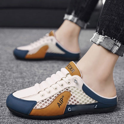 Hollow plus size shoes men's summer mesh half slippers men's one-leg outdoor lazy shoes breathable beanie men's shoes