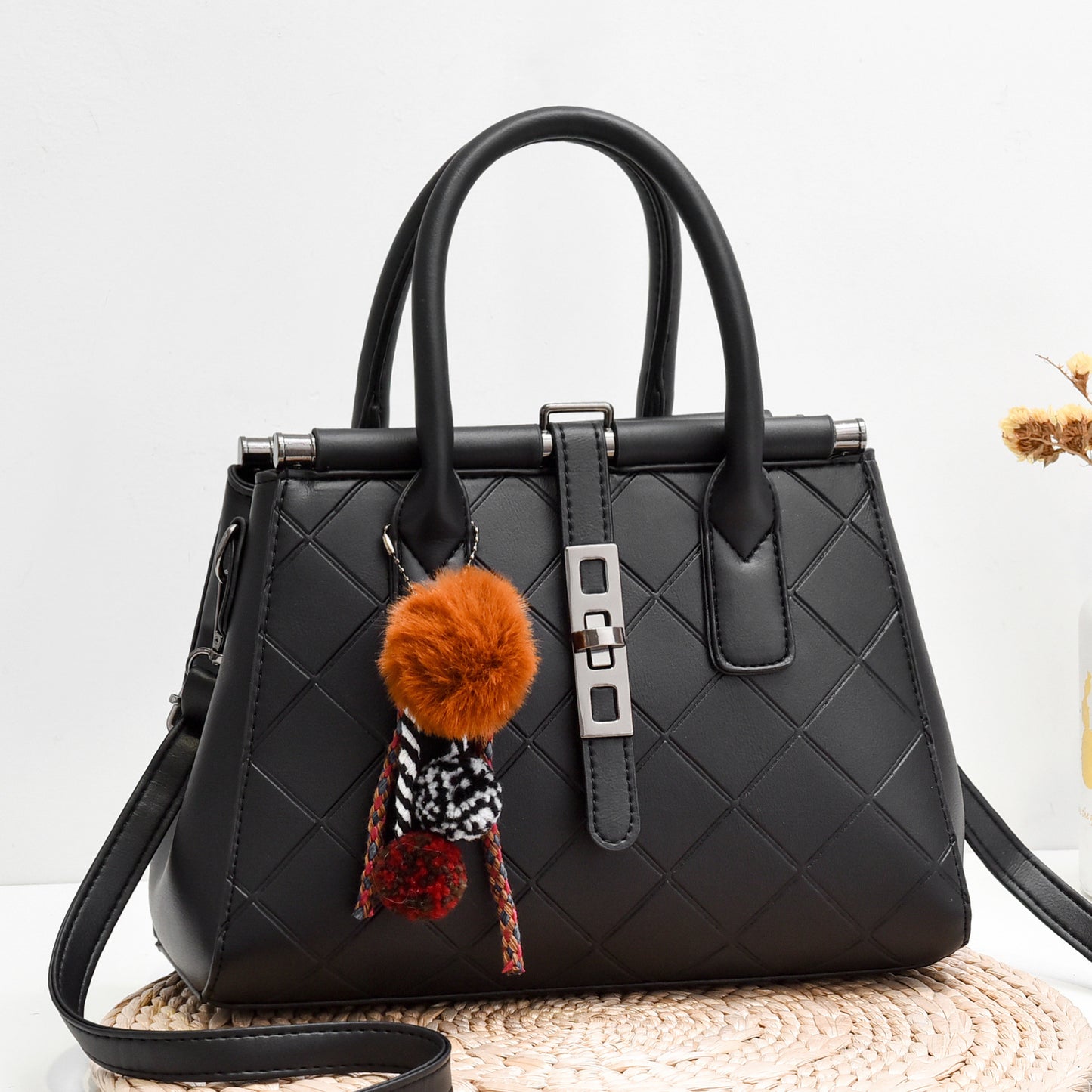 New cross-border trend 2026 fashionable fashiontrendysatchel bag fur ball decoration large capacity embossed cross-body women's bag