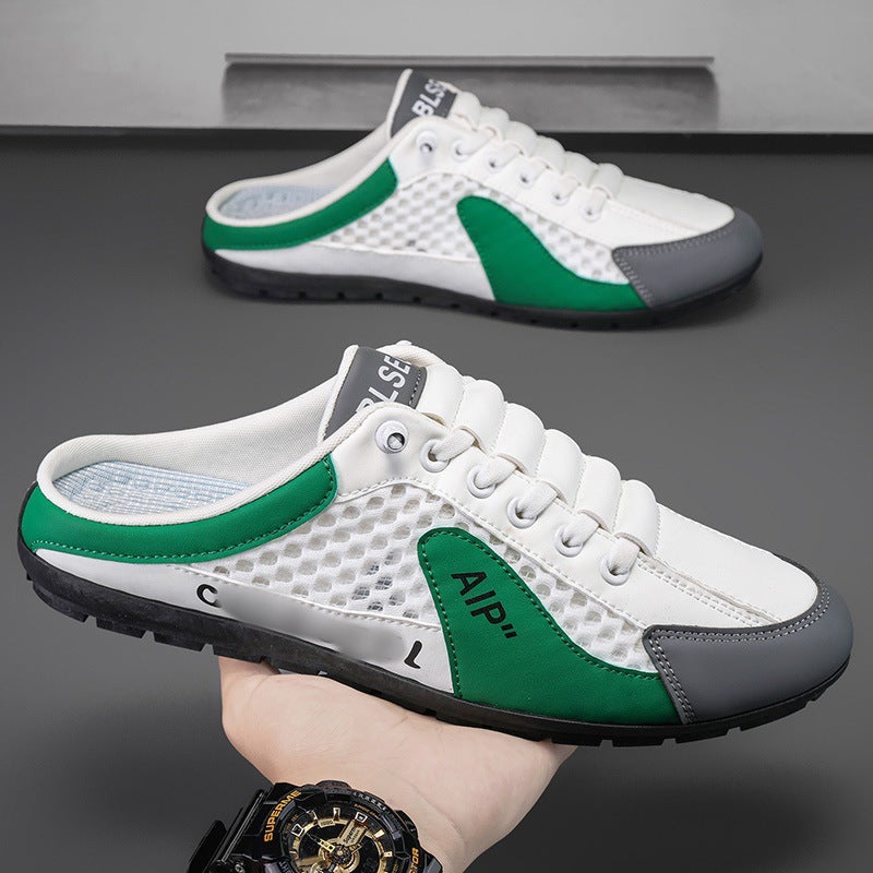 Hollow plus size shoes men's summer mesh half slippers men's one-leg outdoor lazy shoes breathable beanie men's shoes