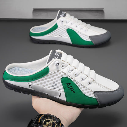 Hollow plus size shoes men's summer mesh half slippers men's one-leg outdoor lazy shoes breathable beanie men's shoes