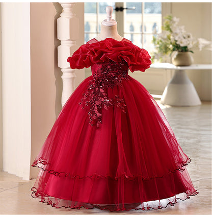 Children's one-shoulder tulle princess dress - perfect for weddings, banquets, piano recitals, and parties