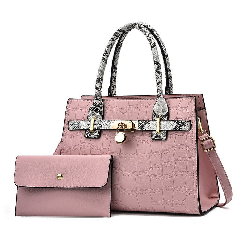 2026 new trendy fashion large capacity mother-daughter handbag set, snakeskin print color block shoulder bag, large capacity crossbody tote