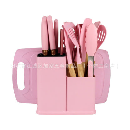 Silicone kitchenware 19-piece set, non-stick pan, silicone spatula, spoon, kitchen utensils, knife suit with storage bucket