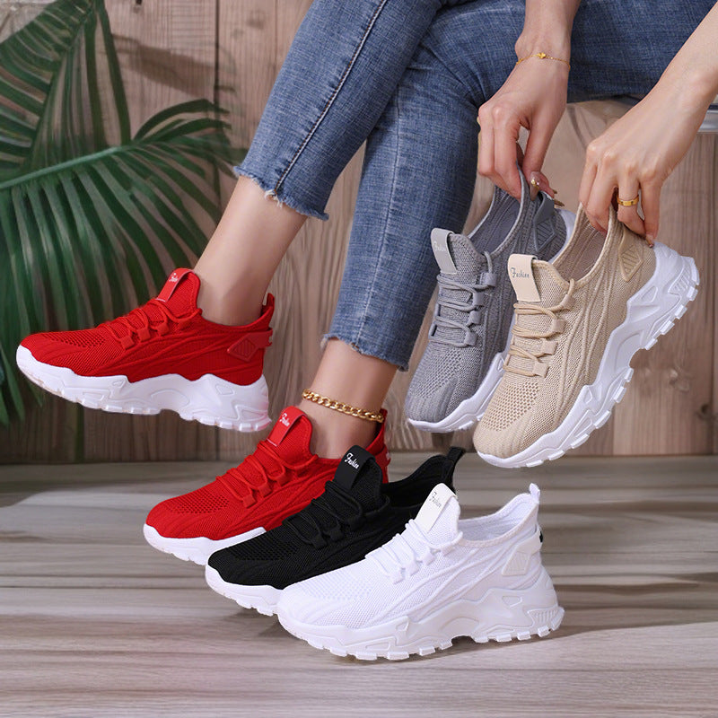 Women's spring collection: plus size athletic sneakers - flyknit, soft sole, height increasing, low-cut lace-up mesh shoes