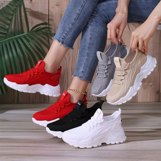 Women's spring collection: plus size athletic sneakers - flyknit, soft sole, height increasing, low-cut lace-up mesh shoes