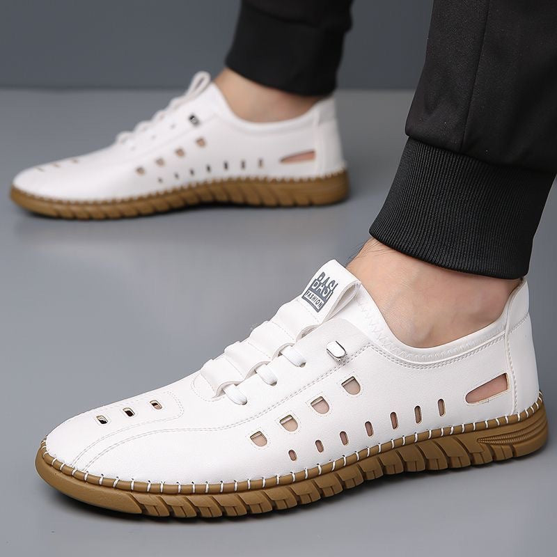 Hollow casual leather shoes men's summernew arrival breathable mesh hole shoes one-leg flat shoes men's cross-border wholesale